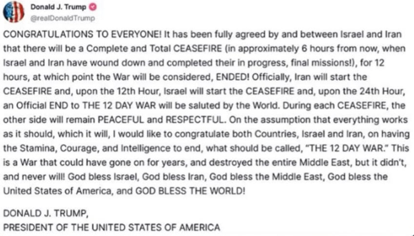 Donald trump on the ceasefire of the Iran and Isarel.