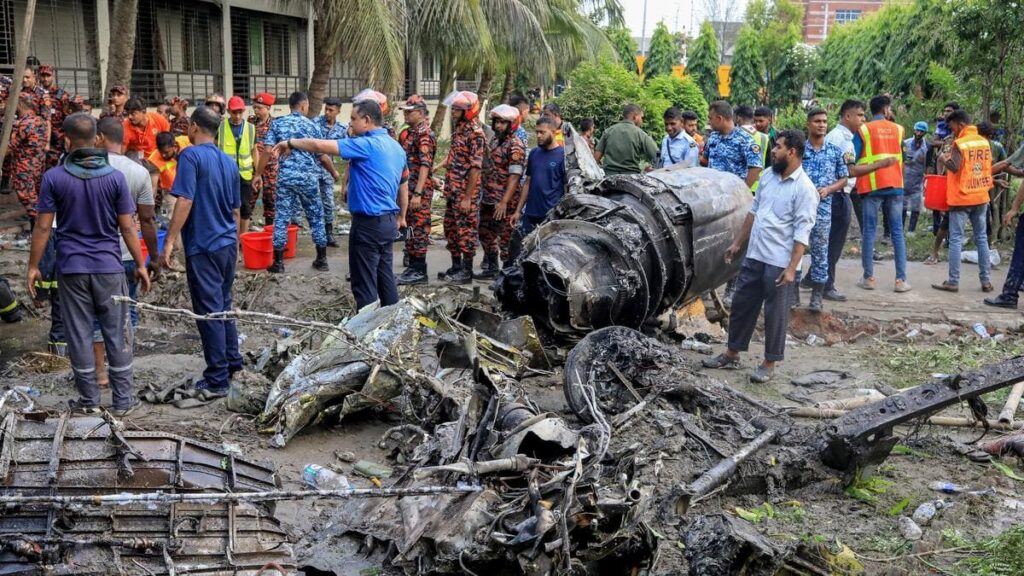 Bangladesh-air-crash- (1) Wreckage of a Bangladesh Air Force jet lies near a Chattogram school after a fatal crash reportedly caused by a technical malfunction.