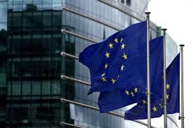 European Union Flags fluttering in the sky.