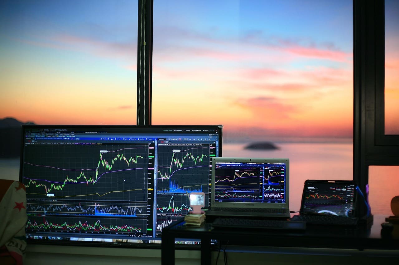 Stock market trading in laptop.