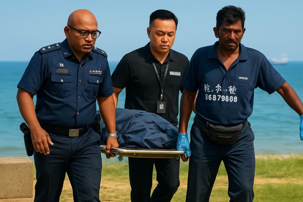 Three police officers carrying the body of a young boy at East Coast Park, Singapore.