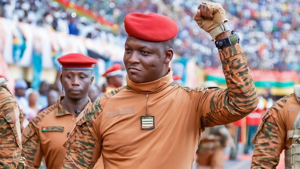 Portrait of Ibrahim Traoré, President of Burkina Faso, looking confident and composed.