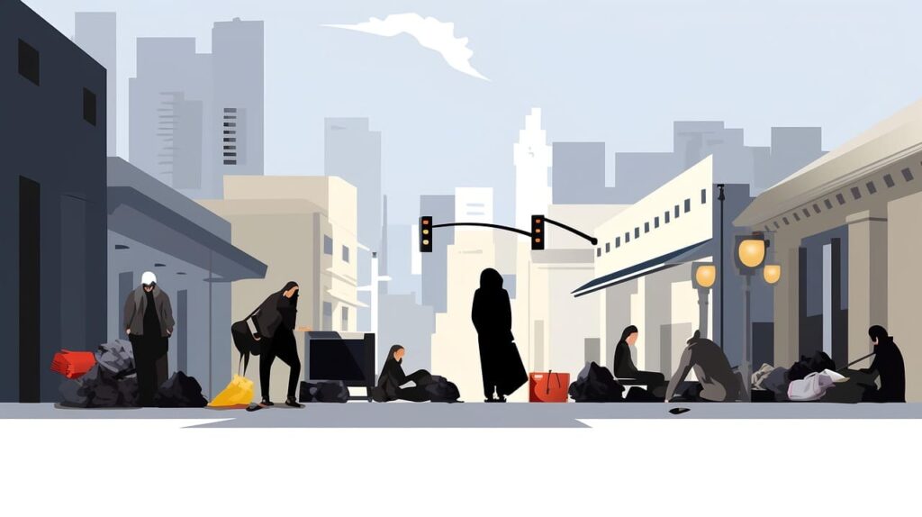Illustration of homeless individuals in Washington, D.C., with the U.S. Capitol in the background, representing Trump’s relocation order.