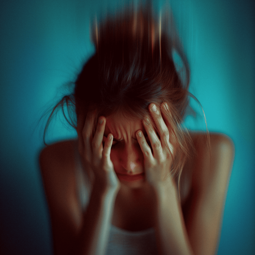 A young woman crying with visible anxiety and distress, holding her head in her hands against a blurred neutral background.
