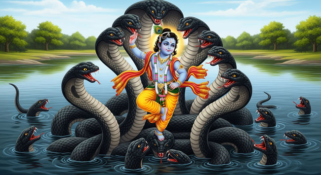 Young Krishna dancing on the hoods of the poisonous serpent Kaliya in the Yamuna River, subduing it with divine grace