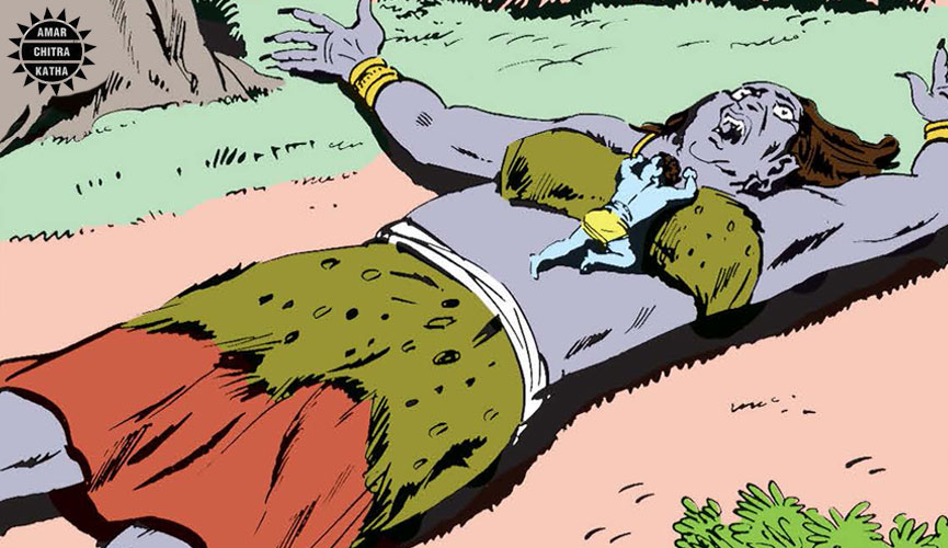 Baby Krishna lying on the demon Putana, defeating her while she tried to harm him in Vrindavan.