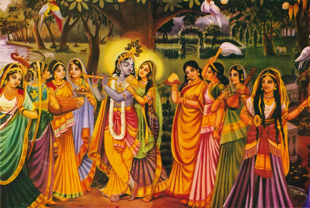 Lord Krishna dancing joyfully with the gopis during the Rasa Leela in Vrindavan, surrounded by music and devotion.