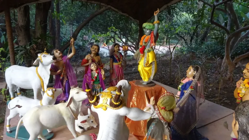Lord Krishna lifting Govardhan Hill on his little finger, sheltering villagers and cattle from heavy rain in Vrindavan.