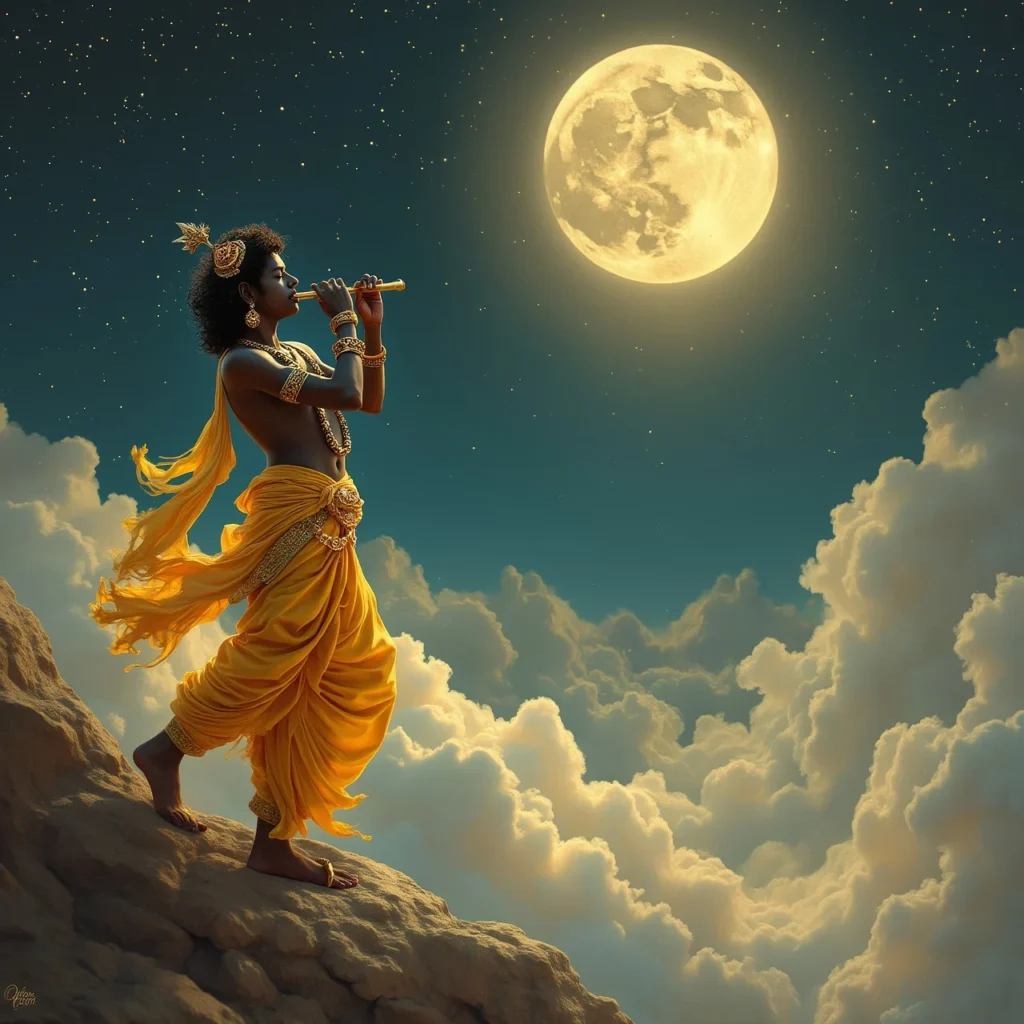 Lord Krishna playing his flute (bansuri) under a tree in Vrindavan, surrounded by lush greenery and peacock feathers