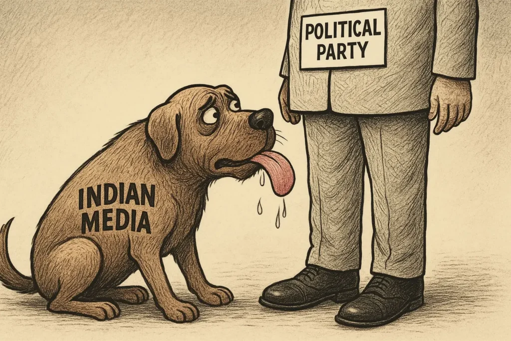 Cartoon of a dog representing Indian media licking the feet of a political leader, symbolizing media subservience to politics.
