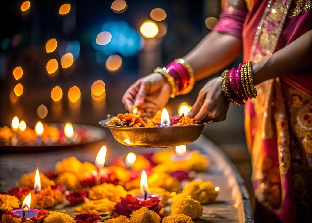 A young girl dressed in traditional Indian attire lighting diyas during Deepavali celebration.