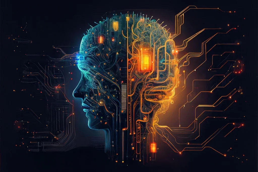 A conceptual illustration of a half-human, half-artificial intelligence brain, symbolizing the merging of human thought with machine intelligence.