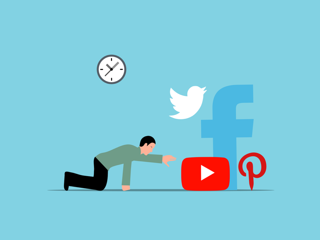 person-chasing-social-media A person running after floating social media icons, symbolizing the constant pursuit of likes, notifications, and online attention.
