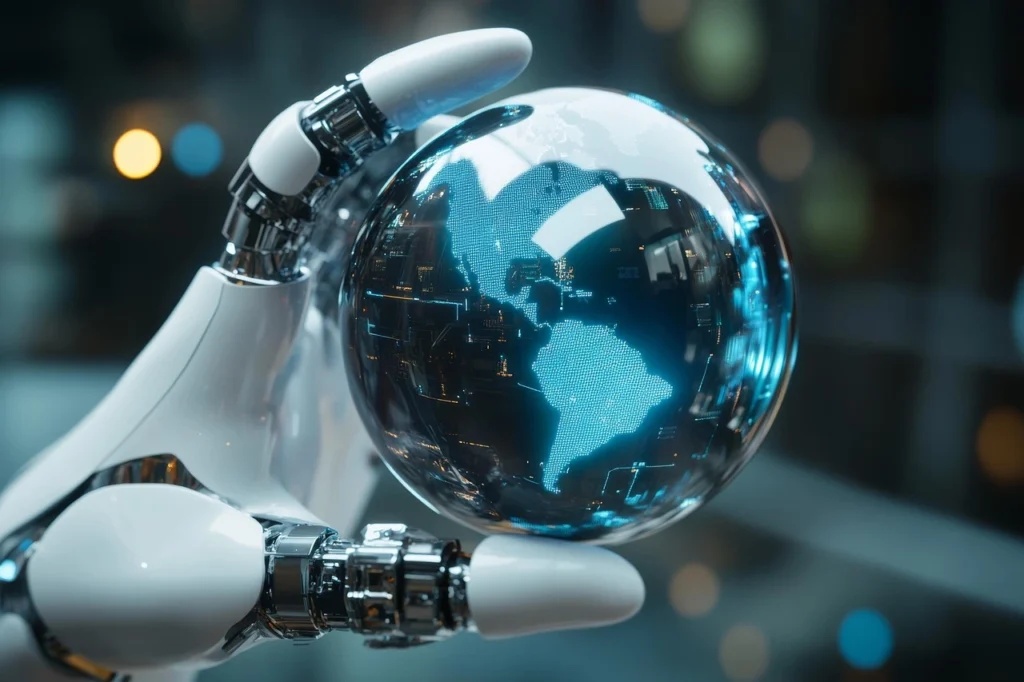Futuristic robotic hands holding and controlling the Earth, symbolizing the global influence and dominance of artificial intelligence and robotics.