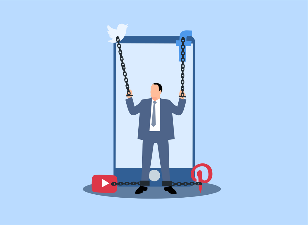 social-media-lockin-human A human figure trapped inside a smartphone, symbolizing the feeling of being locked in or addicted to social media.