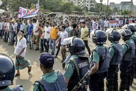 Scene depicting the 2024 violent crackdown in Bangladesh, showing clashes between security forces and student protesters during nationwide unrest.