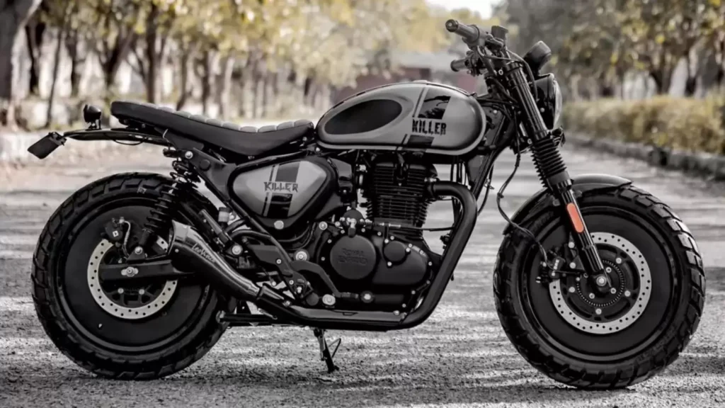 Royal Enfield Hunter Scrambler motorcycle with off-road tires and rugged styling, designed for urban and light off-road adventures.