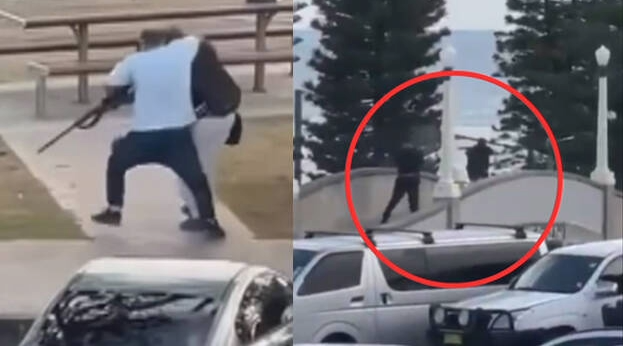Security footage shows an armed suspect and police officers during the Bondi Beach shooting in Sydney.
