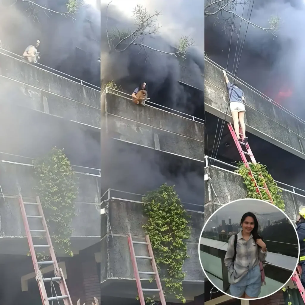 Ei Mei Chiu rescuing her dog from a burning building in Cebu, Philippines, showing bravery and care.