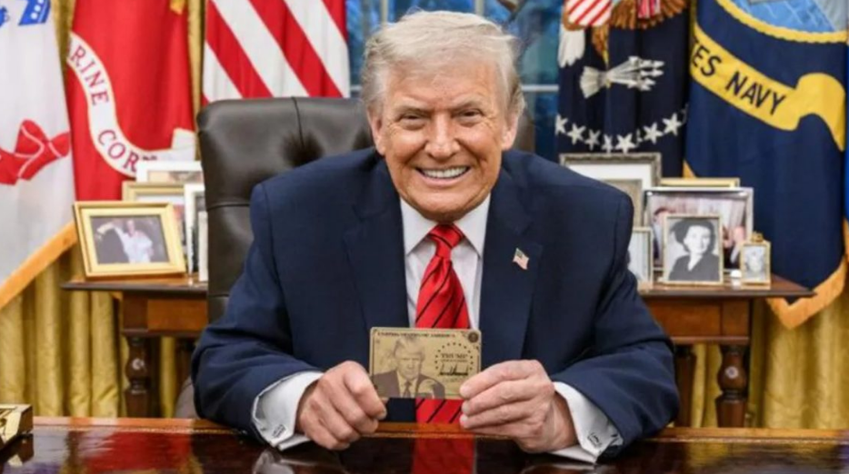 Concept image showing a U.S. visa document and a gold-colored identification card symbolizing the new “Gold Card” investment visa program.