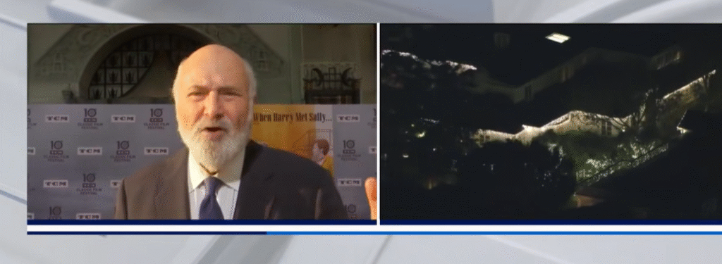 News-style image showing a Los Angeles residential street with police vehicles outside a home, accompanying reports that filmmaker Rob Reiner and his wife Michele Reiner were found dead as authorities investigate the circumstances.