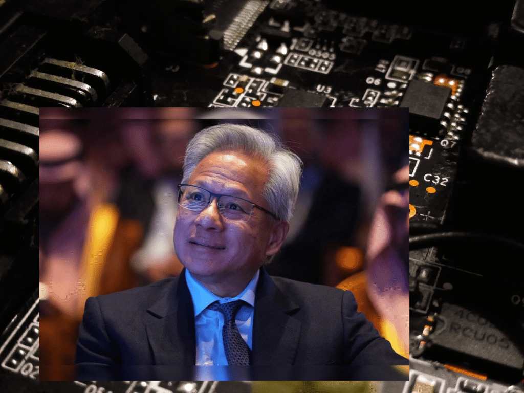 Close-up of an Nvidia-branded AI processor on a laptop keyboard, highlighted by blue-toned lighting.