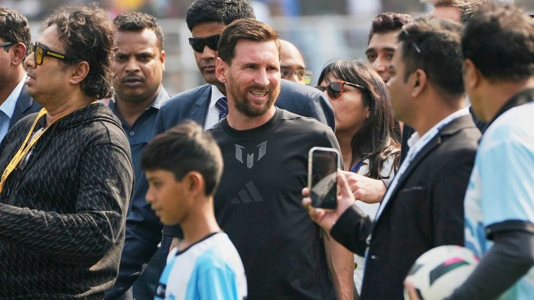 Lionel Messi on his GOAT Tour in India, attending a public event as fans gather to see the football star.