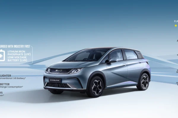 Rear three-quarter view of a BYD Seagull electric hatchback on a plain white background. The compact EV’s angular taillights, integrated rear spoiler, and five-door layout are clearly visible.