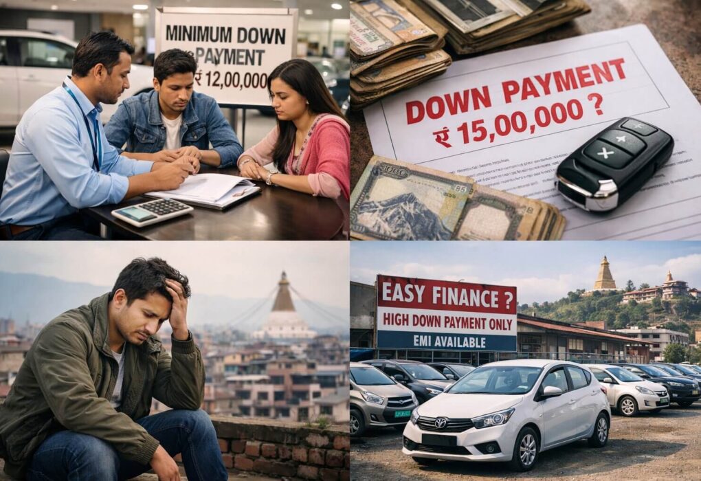 Middle-class buyers in Nepal discussing high car down payment requirements at a showroom, highlighting the financial challenges of buying a car through EMI.