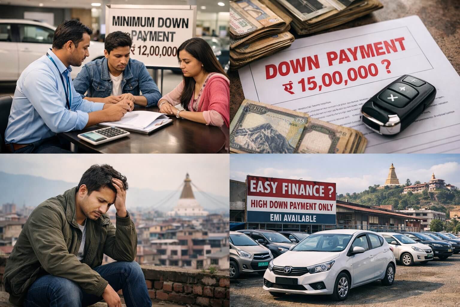 Middle-class buyers in Nepal discussing high car down payment requirements at a showroom, highlighting the financial challenges of buying a car through EMI.